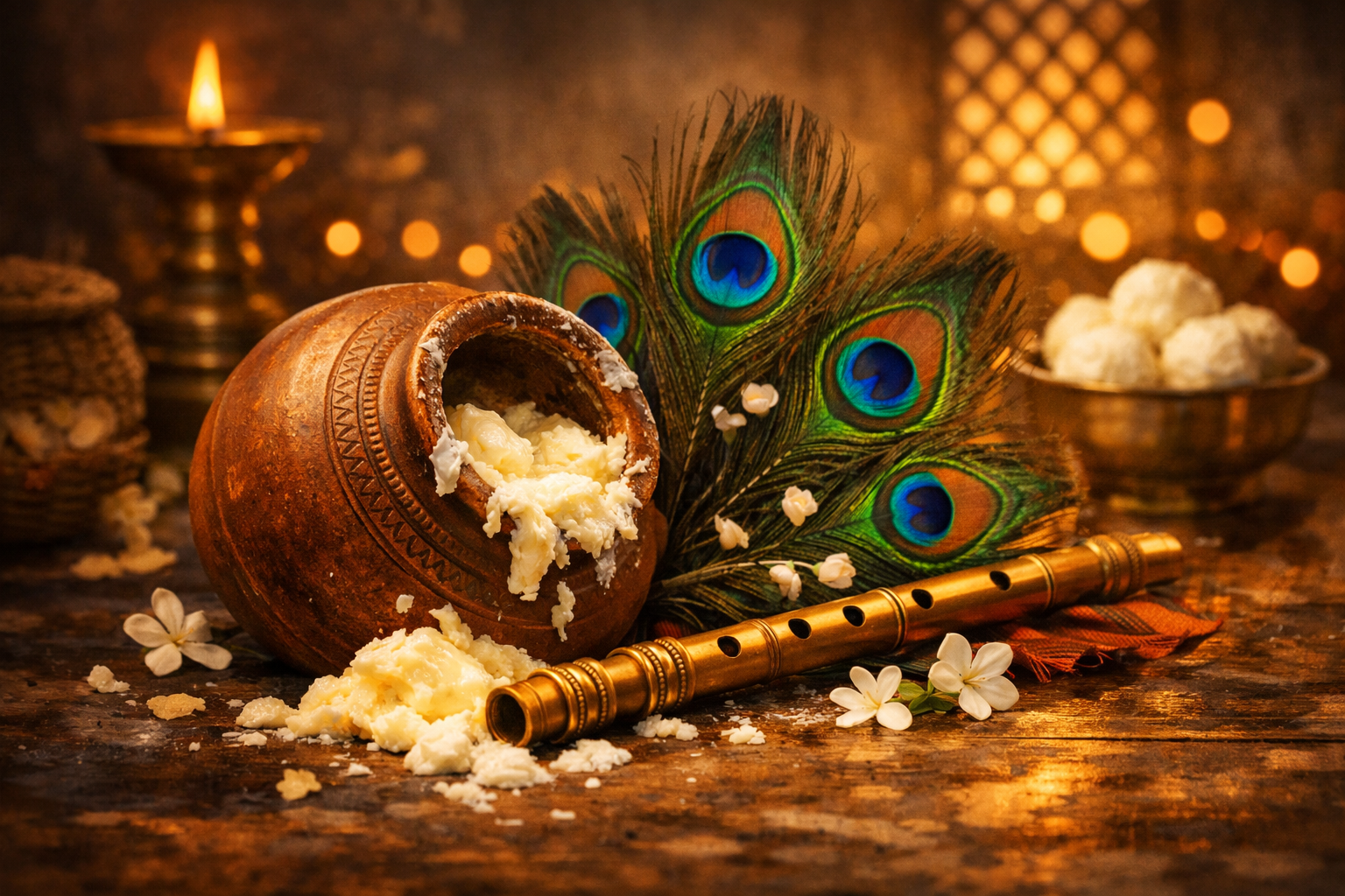 Bal Gopal Makhan Chor baby Krishna stealing butter in traditional Indian art style